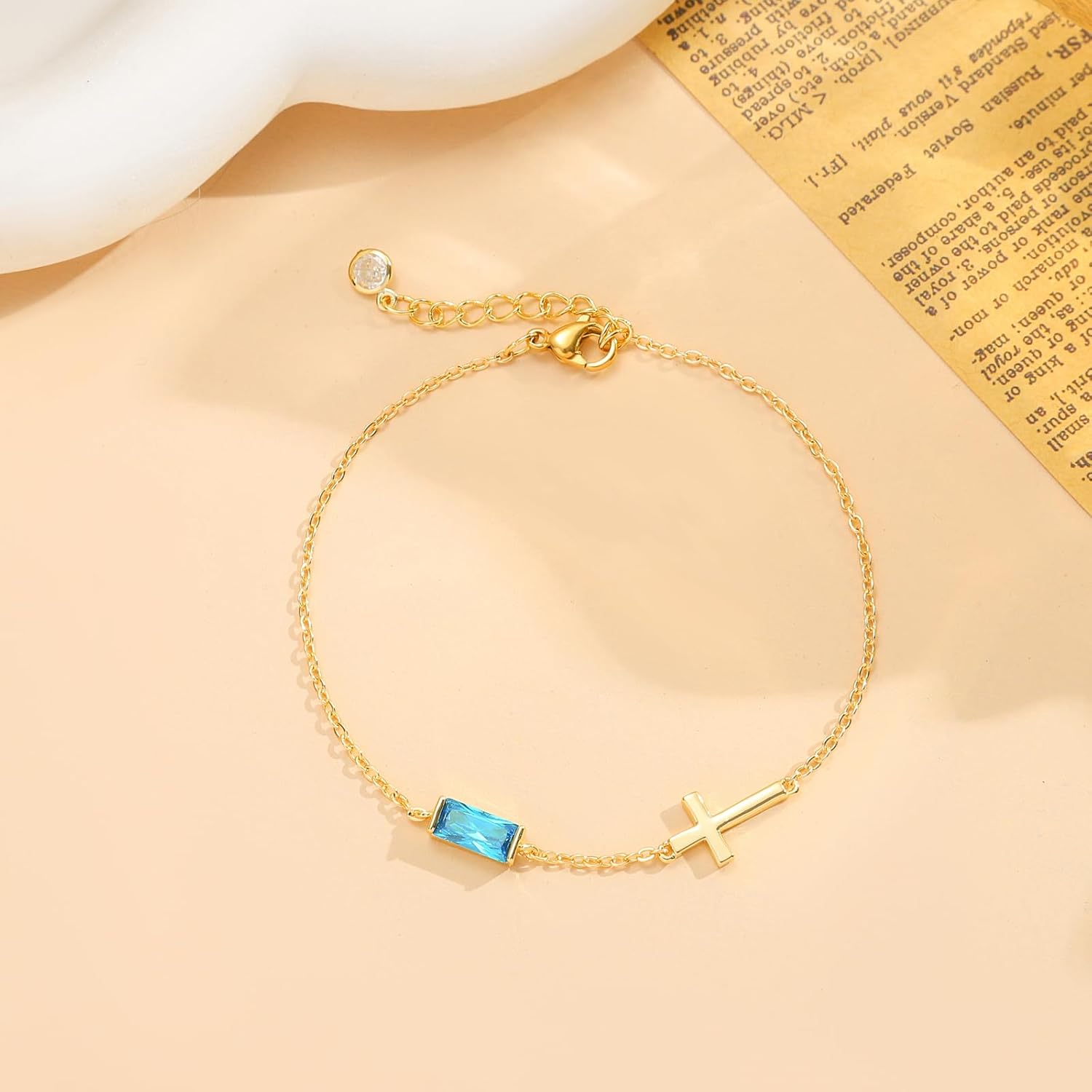 Cross Bracelet for Women with Birthstone Dainty 14k Gold Plated Non Tarnish Dainty Charm Birthstone Bracelet Trendy Stuff Religious Christian Birthday Gifts Jewelry - Image 8