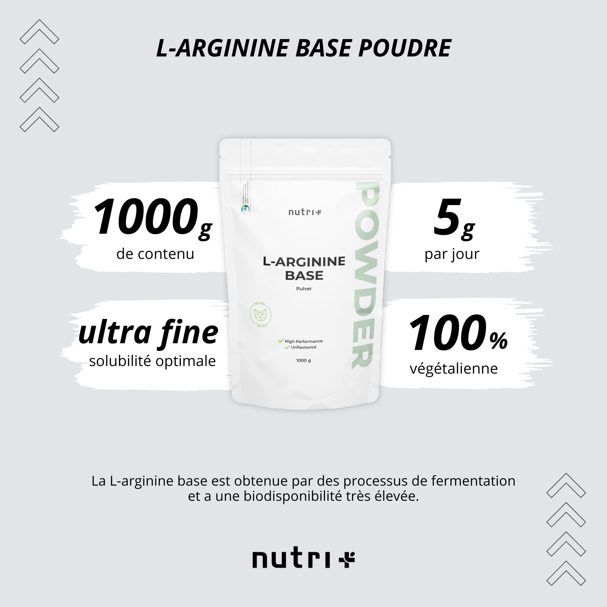 nutri+ L-Arginine Base Poudre 1 kg - hautement dosée - végétale par fermentation - L-Arginine pure Powder 1000 g - Vegan - Neutre - sans additif - qualité premium