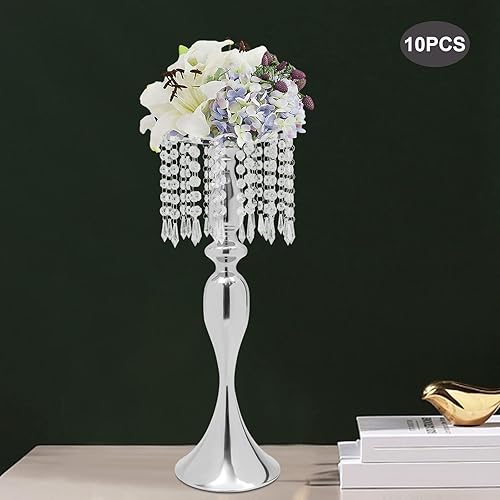 Miniatura 8 de Soporte de flores de cristal plateado, centros de mesa de boda para mesas, 10 piezas de plomo de carretera, jarrón de metal para mesas de recepción,