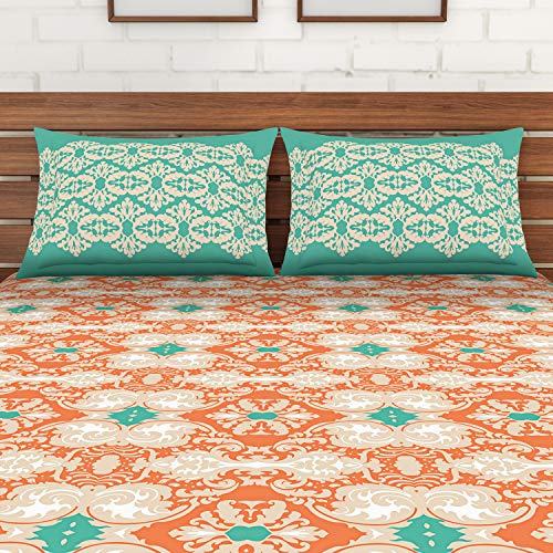Image of Spaces Atrium Plus 210 TC 100% Cotton King Size Fitted Double Bedsheet with 2 Pillow Covers (Ornate, 72 inch X 78 inch Inches ) - Peach