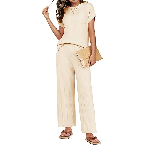 Kenaque Lounge Sets for Women Casual Sweater Sets 2 Piece Knit Pullover Tops Wide Leg Pants Summer Outfits Loungewear