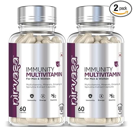 Nirvasa Immunity Multivitamin Capsules with Vitamin-C,D3,E,B6,B12, Probiotics & Minerals | Supports Immunity, Stamina, Energy & Recovery | 60 Capsules | Pack of 2
