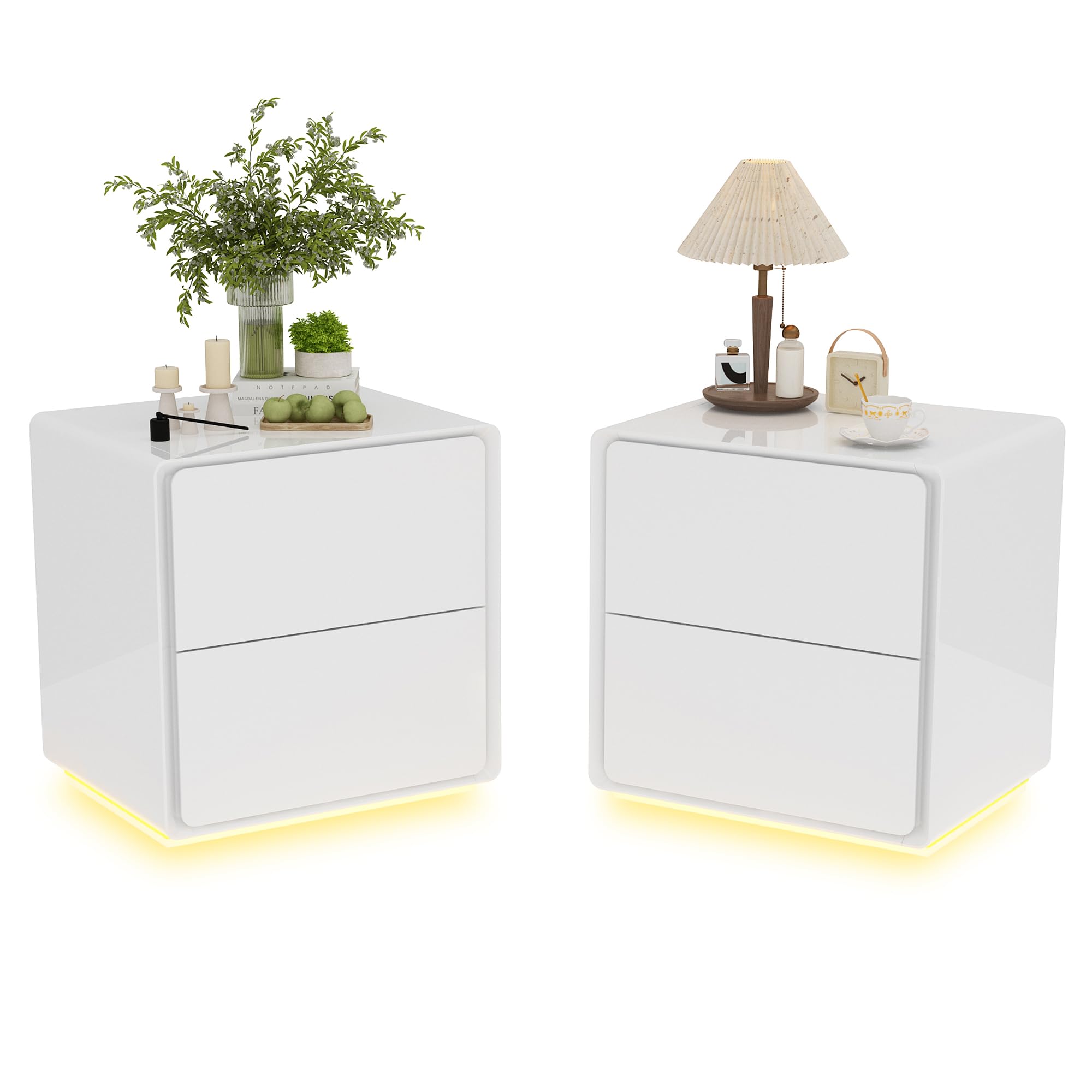 Homsee Nightstands Set of 2 with 2 Drawers & Light, Modern Bedside Table Versatile End Side Table with Round Edges for Bedroom, Living Room, White (