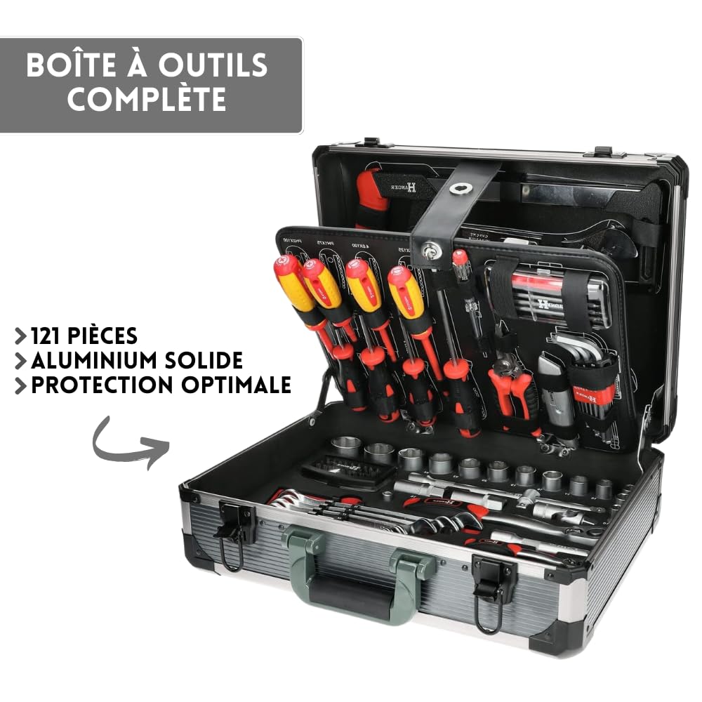 Caisse à outils complète pour le quotidien, 121 pièces, Pinces et coupe-tout, Scie, tournevis et Clés mixtes, Outillages à main, Douilles et accessoires en 1/4", 1/2" - Multiples embouts