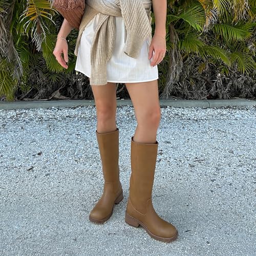 JustFab Womens Knee High Boots Faux Leather Brown Riding Boots Knee High Boots for Women Womens Low Heel Casual Boots for Women3