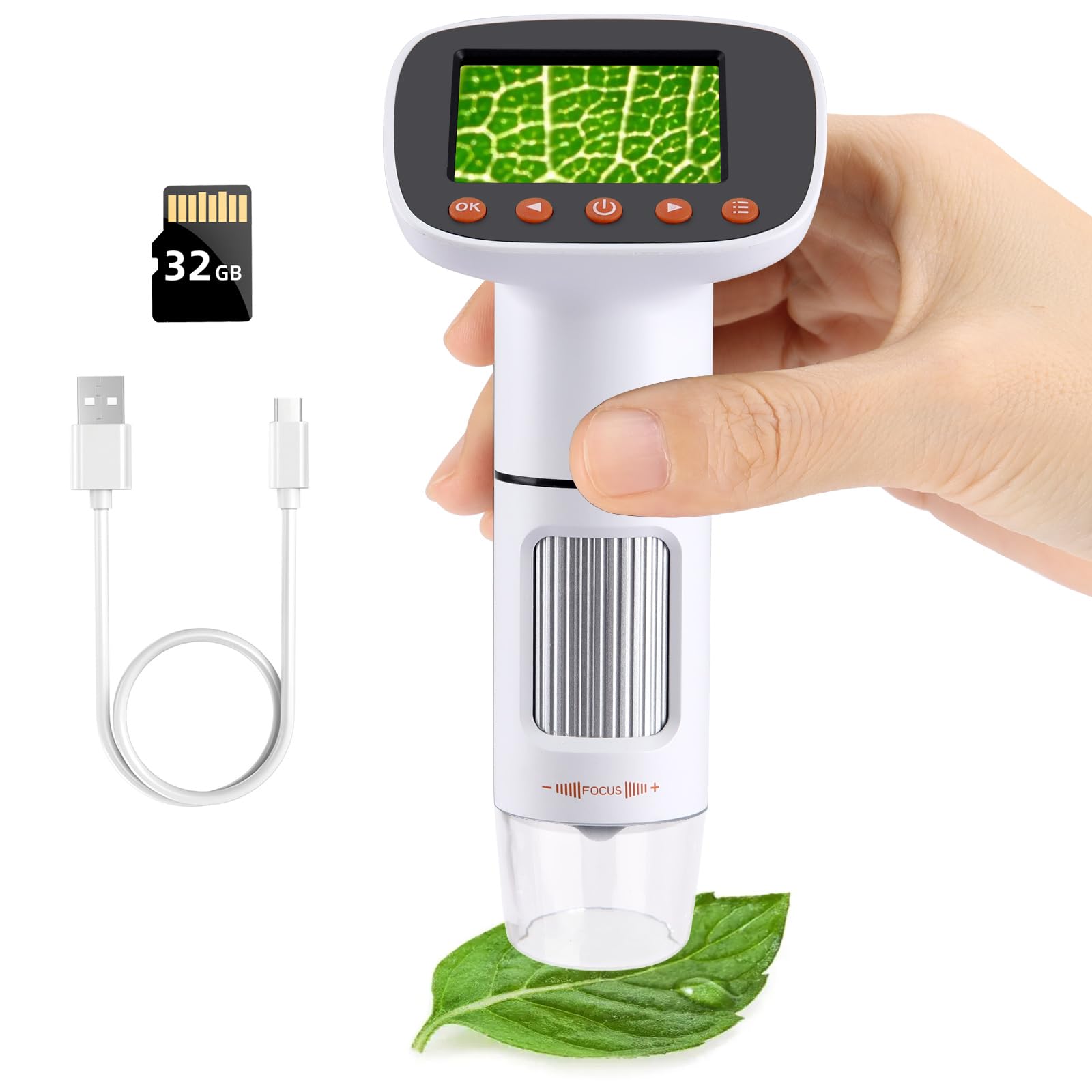 KoolertronHandheld Digital Microscope, 50x-1000x Zoom, 2" LCD, 8 LED Lights, White, Metal, USB Rechargeable