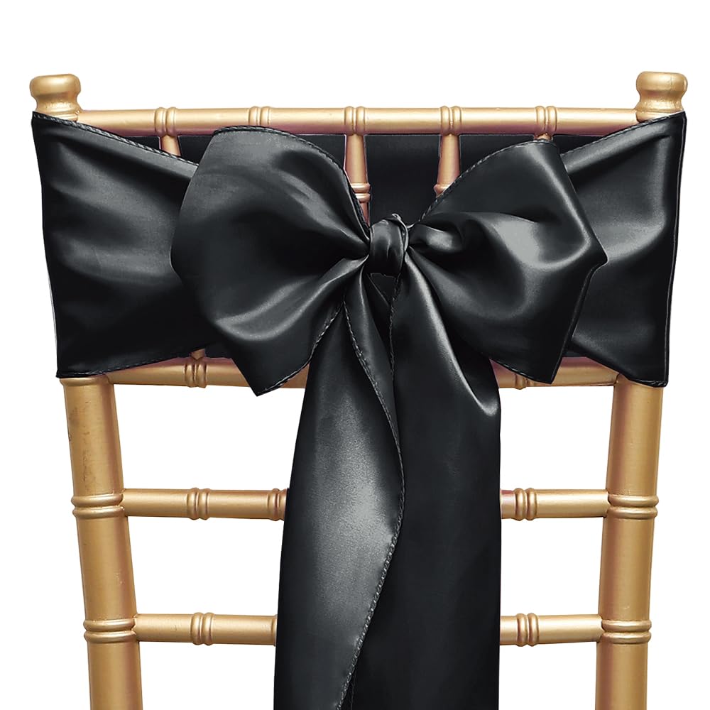 Photo 1 of ZSJFMF Pack of 50 Satin Black Chair Sashes Bows 7 X 108 Inch Universal Chair Ties Ribbons for Wedding Ceremony Party Banquet Restaurant Event Decorations - Black Chair Sashes 50 Pack