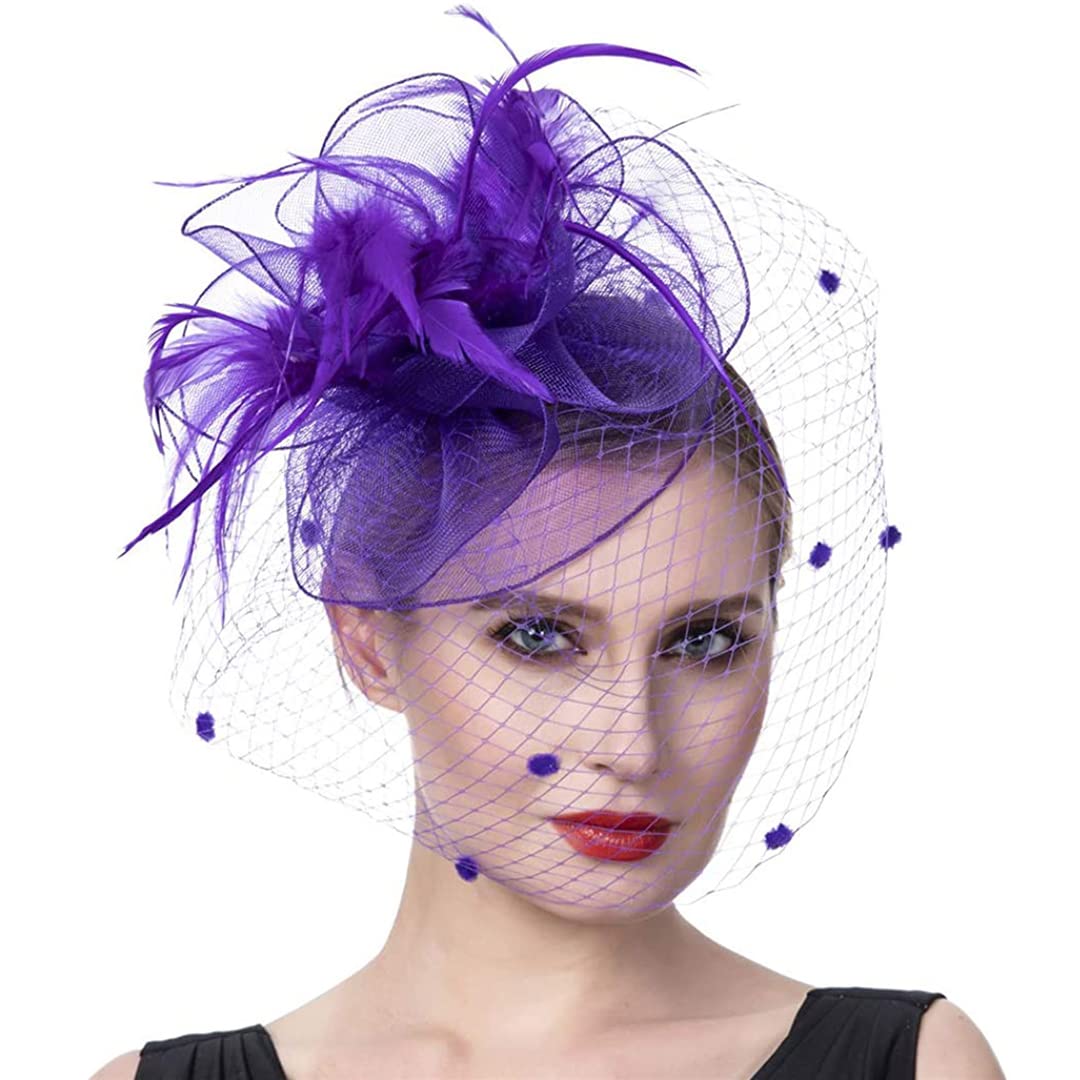 YTBHSHXZ， Cappello da donna for cocktail party, matrimonio, chiesa, abito, cappello con piume e fiori, copricapo in rete