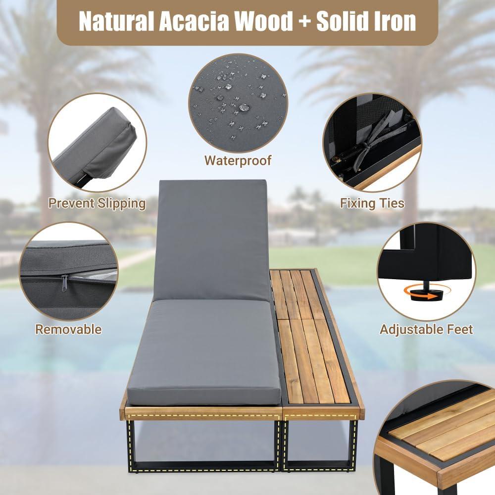 Outdoor Chaise Lounge Chair with 5-Position Adjustable Backrest, Reclining with Cushion, Patio Lounger with Wood Side Table, (Acacia Wood + Gray + Acacia Wood + Iron + Polyester + Yes)