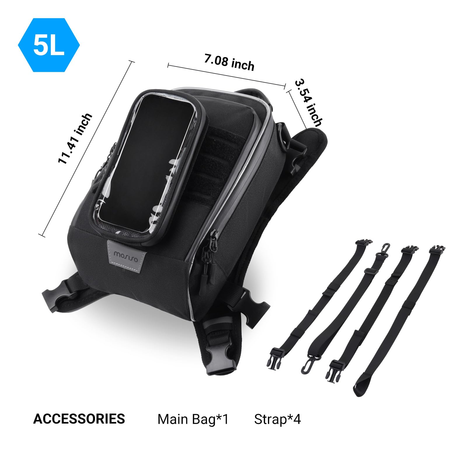 MOSISO Sac Réservoir Moto, 5 Sangles Renforcées Haute Résistance, Base Antidérapante Portable Détachable, Sac Multifonction Accessoires Moto Cyclisme Extérieur Rangement, Noir