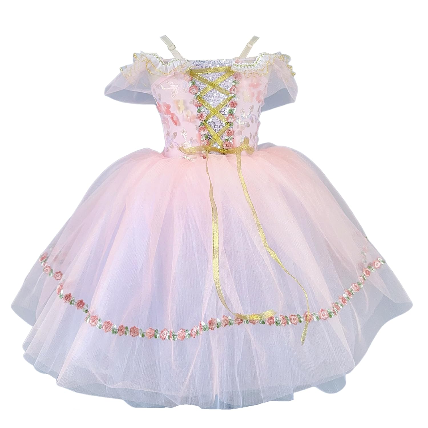 Mädchen-Ballettkleid Blumenstickerei schulterfrei Prinzessin-Ballerina-Tutu, Kostüm Partyaufführungen