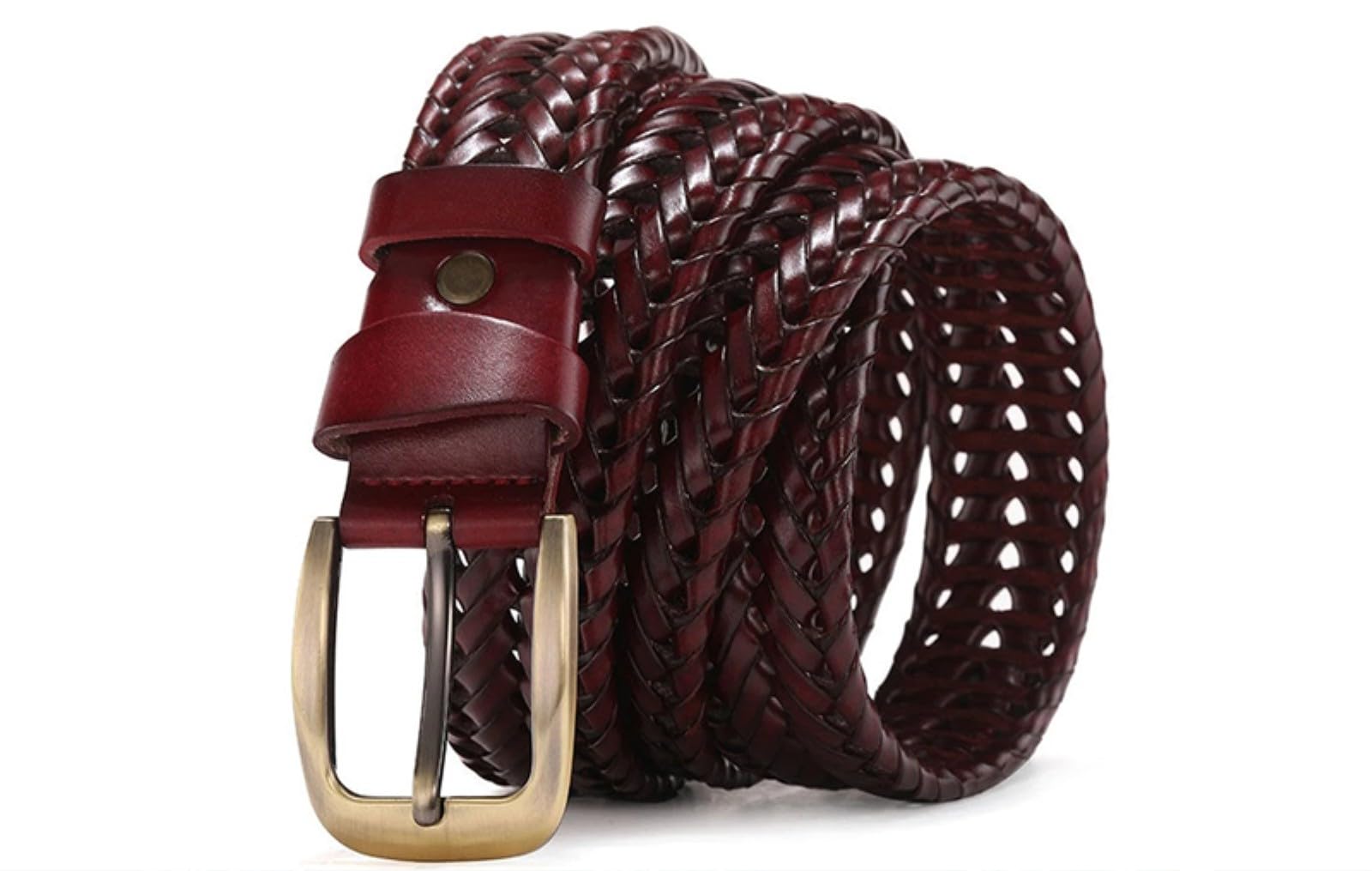 XCSTYY Belt Men's Woven Leather Belt, Handmade Vintage Casual Denim Belt-wine Red-105cm
