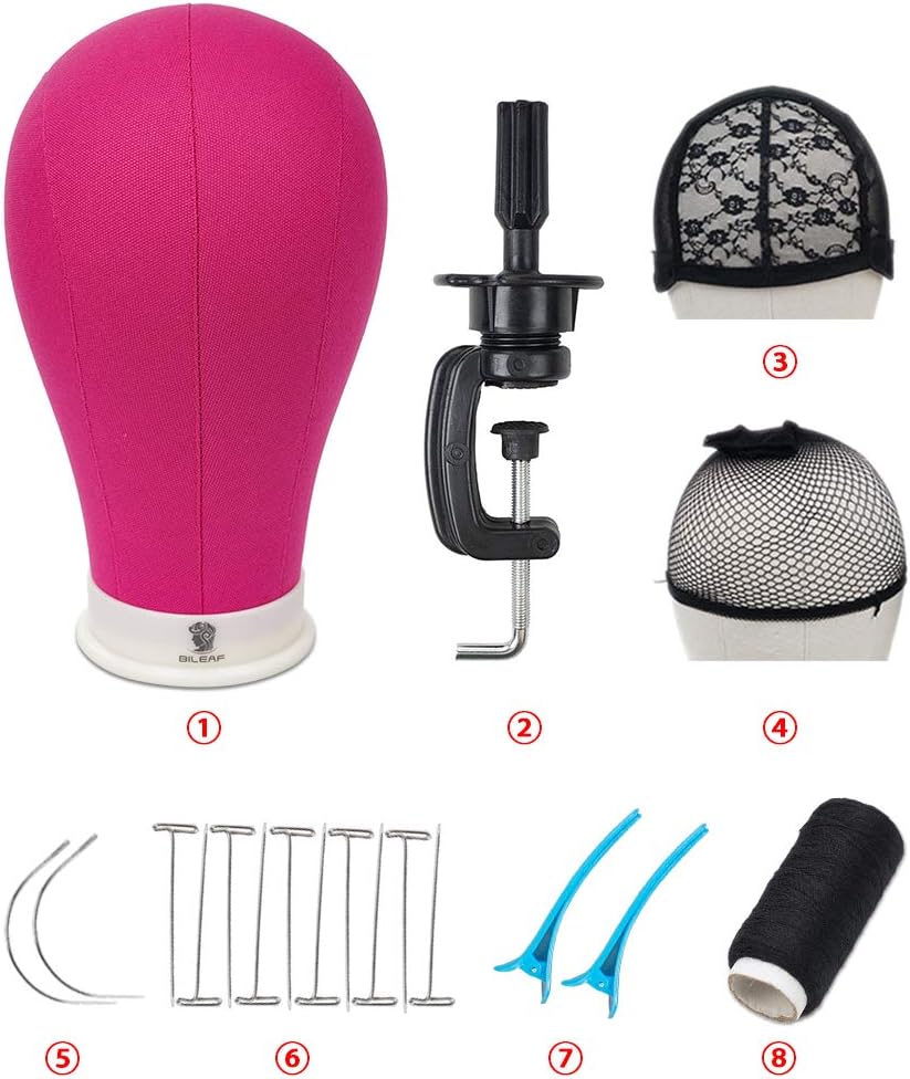 24 Inch Poly Canvas Block Wig Mannequin Head With Stand Pink Styling Manikin Head Set Display Canvas Wig Head with Mount Holes(Rosy Head)