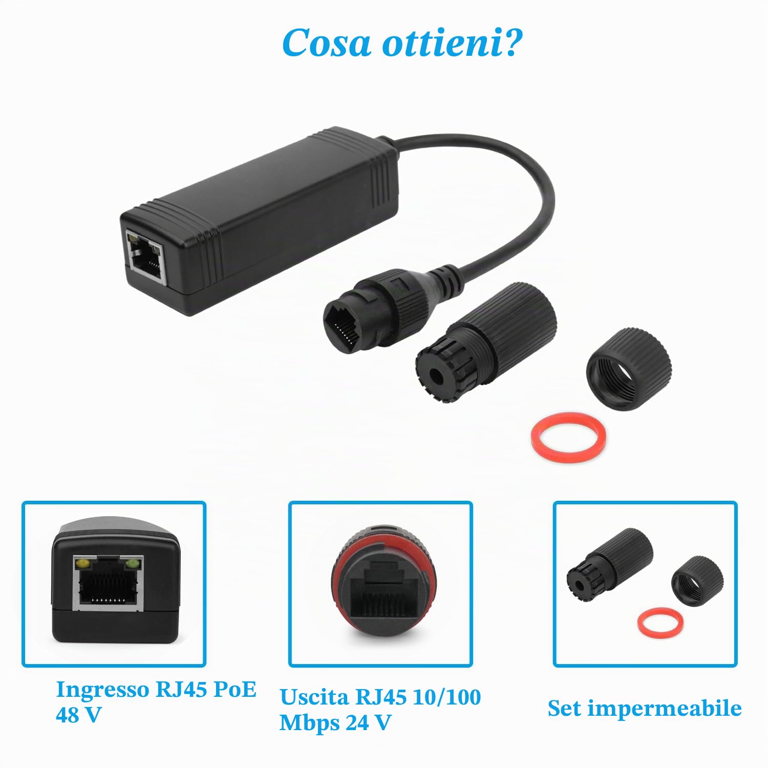 Convertitore PoE impermeabile 48 V a 24 V, uscita 24 V, 25 W max, IEEE802.3 af/at, adattatore PD3002