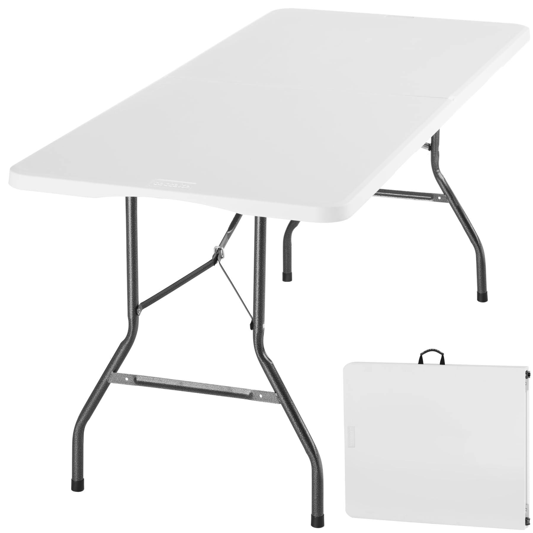 tectake® Mesa Plegable Camping Portatil 70 x 180 x 74 cm, Mesa Auxiliar Jardin, Mesas Plegables, Campismo, Asa de Transporte, Cierre de Seguridad, Carga 120 kg - Blanco