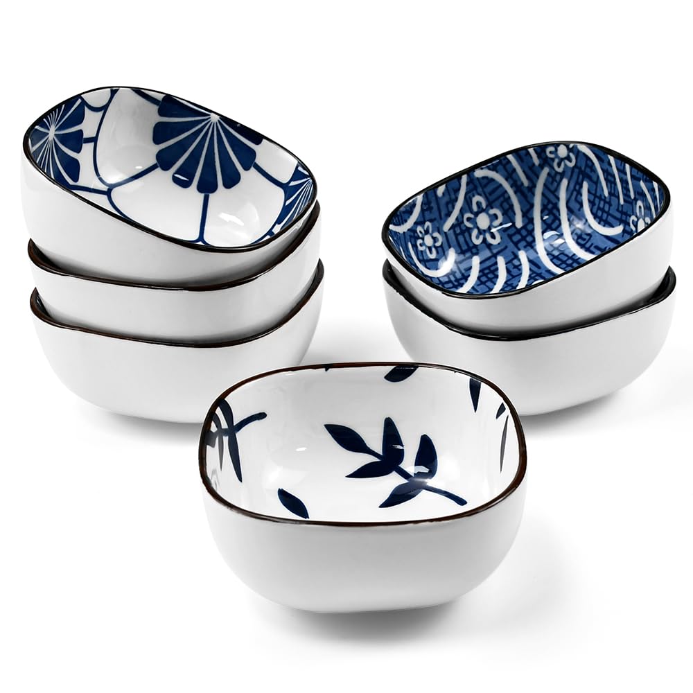 Set di 6 piccole ciotole in ceramica quadrate in stile giapponese, ciotole per snack da 9,2 cm, mini ciotole in ceramica blu e bianca per sushi, tapas, dessert, noci, olive e salsa di soia (9,2