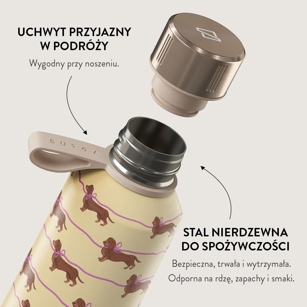 Burga Butelka na Wodę 500 ml – Izolowana Butelka ze Stali Nierdzewnej, utrzymuje napoje gorące i zimne do 24 h, szczelna, bez BPA, kompatybilna z uchwytami na kubki, butelka wielokrotnego użytku