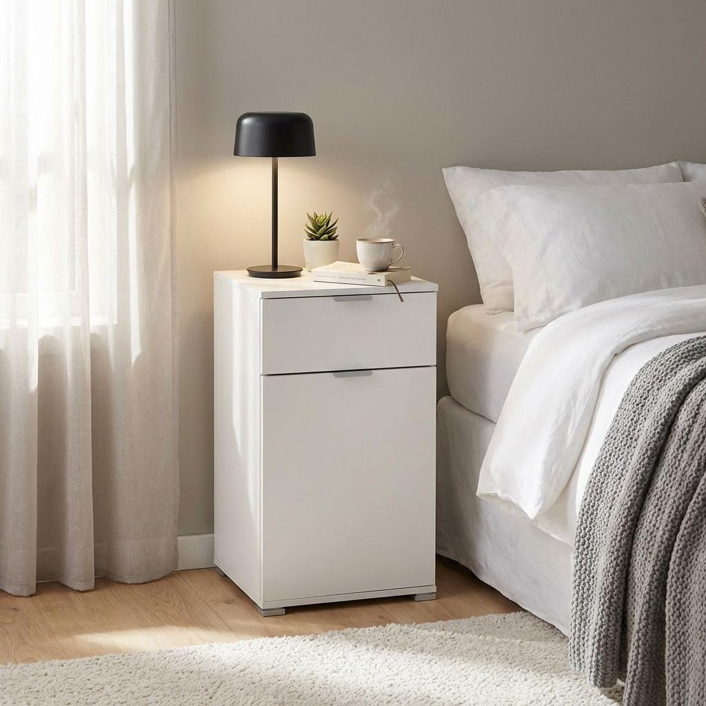 milani home - comodino armadietto 1 anta e 1 cassetto 45 x 38 x 85 cm, bianco, truciolare bilaminato, Made in Italy