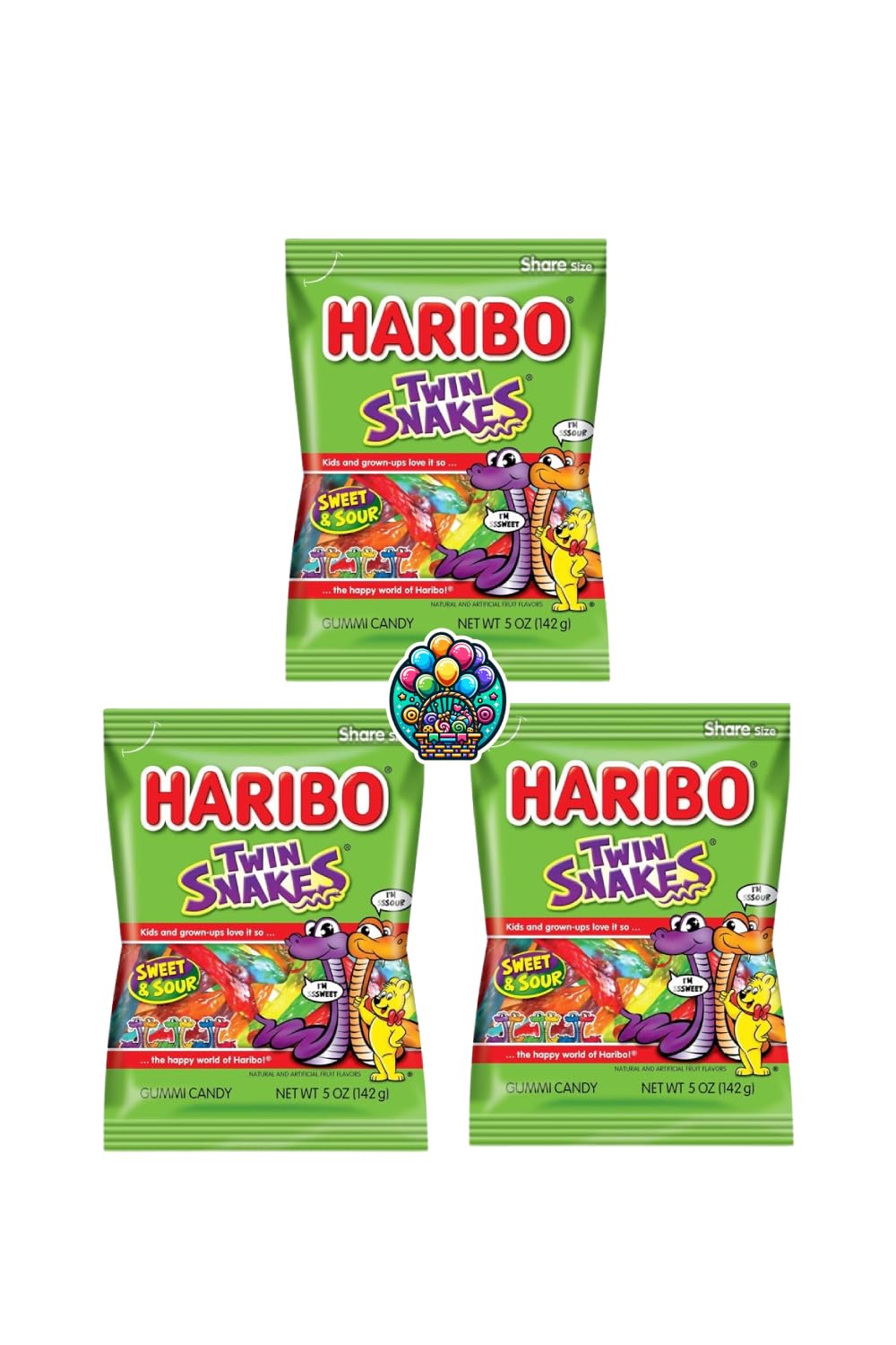Twin Snakes Gummi Candy - 5oz. (Pack of 3) Share Size Peg Bags Sour flavors in every piece in a NikAn Supplies Bag