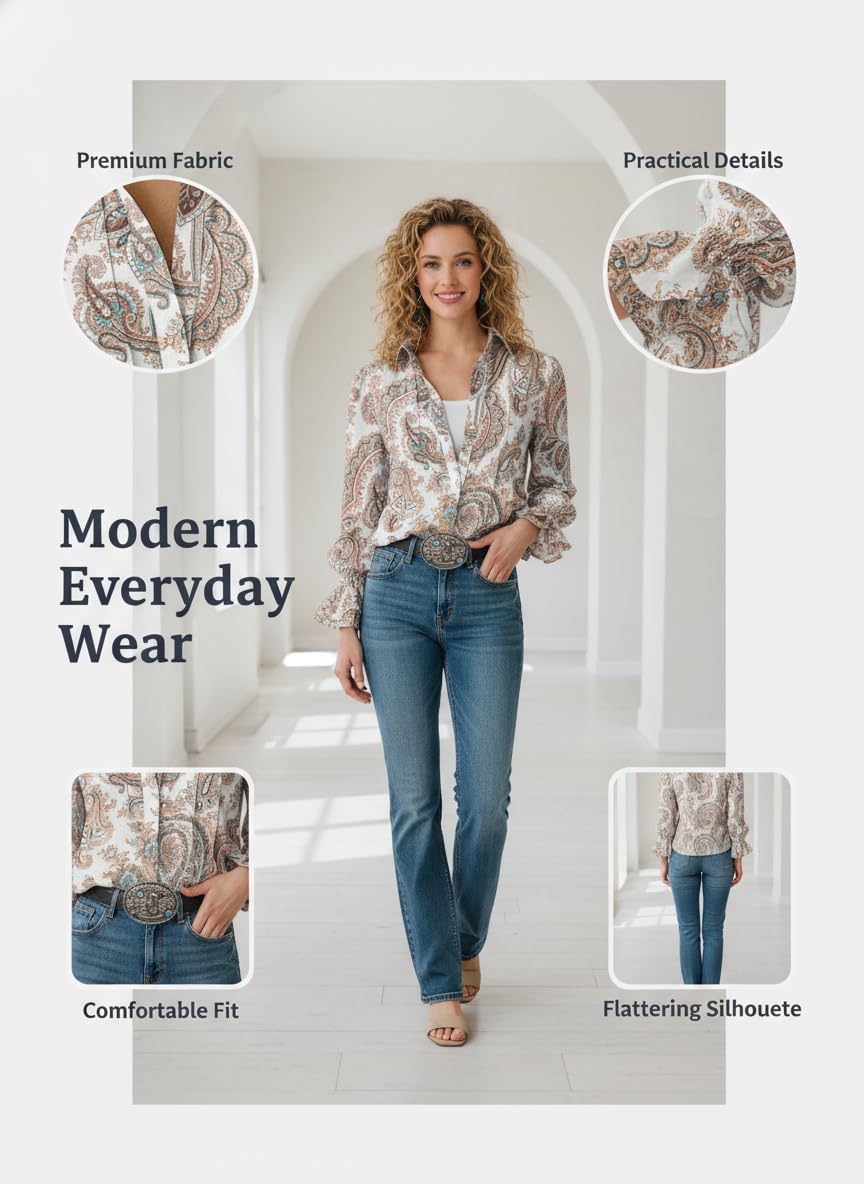 OSCORP Womens Boho Western Button Down Blouse, Long Sleeve Ruffle Cuff Pleated Loose Fit Cowgirl Paisley Print Shirt - Image 6