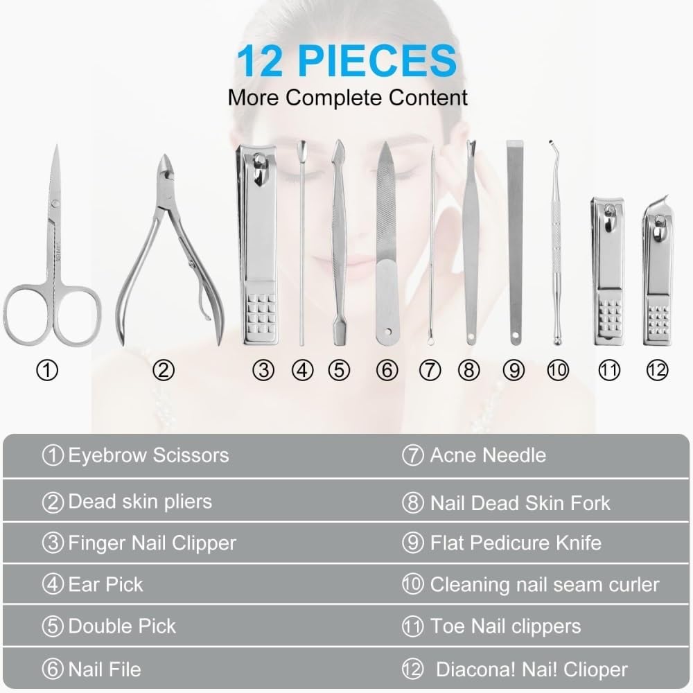 Kit de manicura y pedicura de 12 Piezas con Estuche de Viaje, Juego de cortaúñas para Mujer para pies, cortaúñas para Dedos de los pies, cortaúñas para Dedos de Las Manos.
