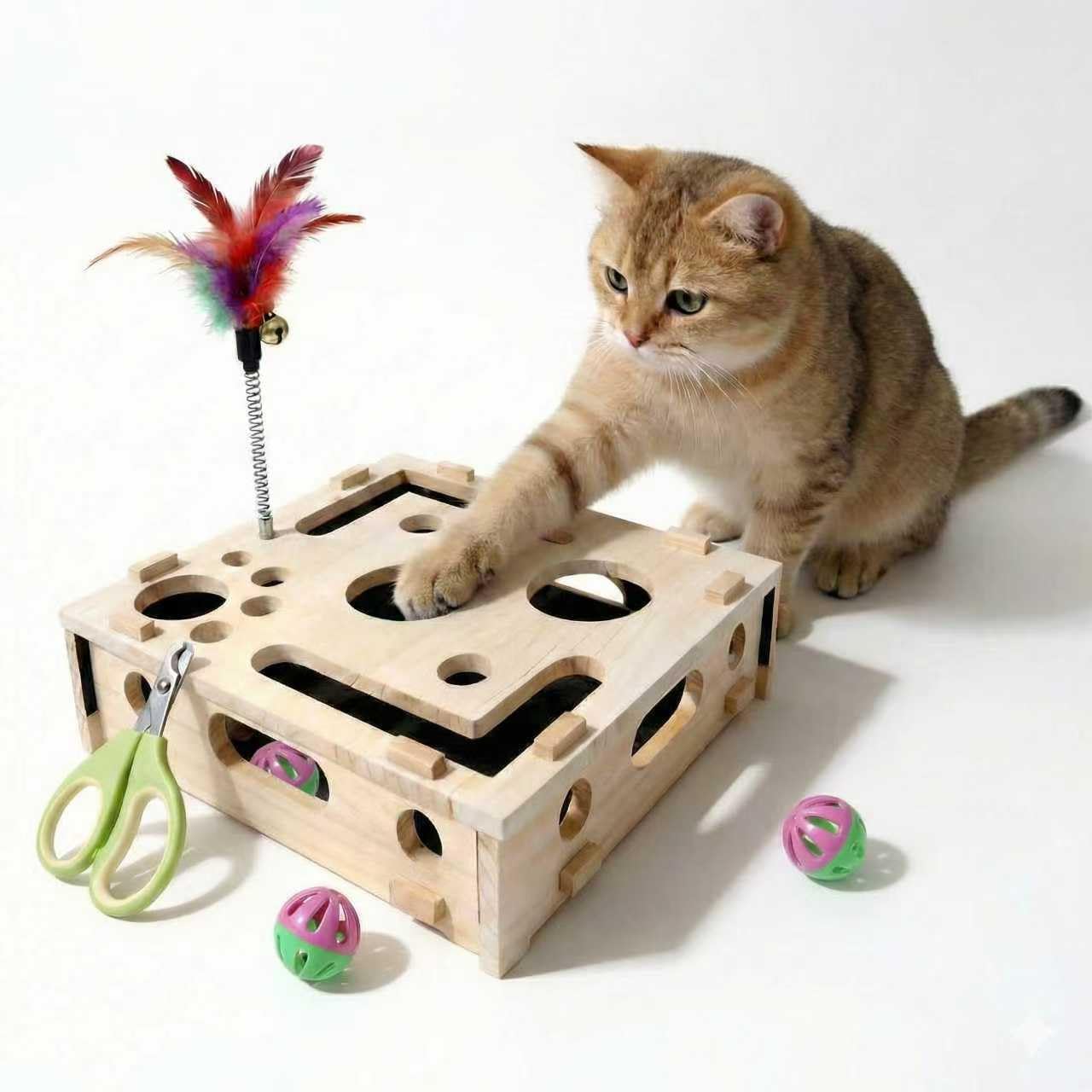 2026 Upgraded Cat Nail File Scratcher – Maze Puzzle Enrichment Box, Reversible Sandpaper Board (2X Lifespan), Sturdy Wood Toy with Bell Balls, Stress-Free Nail Care for Indoor Cats