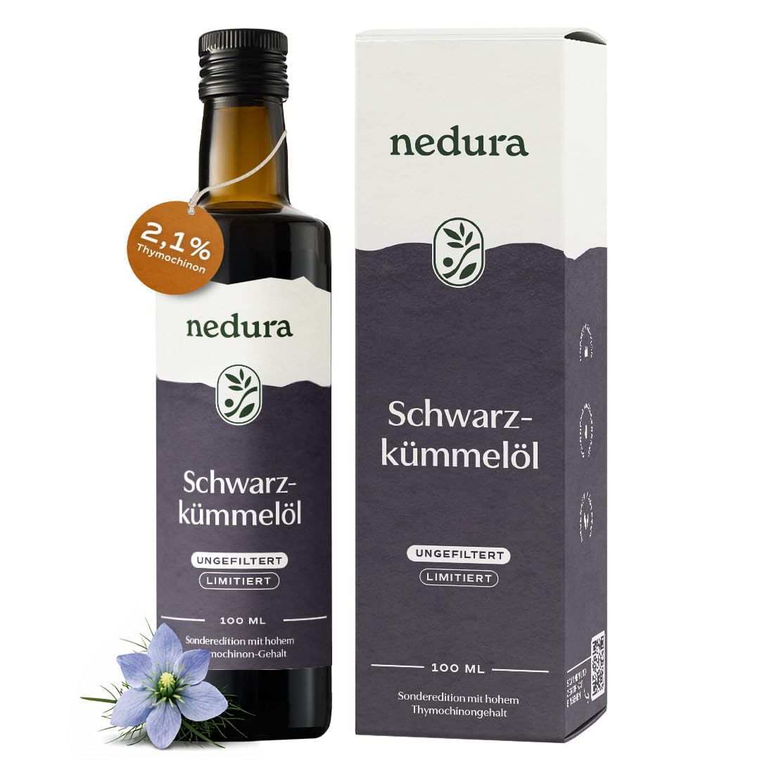 nedura® Schwarzkümmelöl extra aktiv (ungefiltert) 100ml – Extra hoher Thymochinongehalt, 100% rein - frisch und scharf - In Deutschland kaltgepresst aus äthiopischem Schwarzkümmel