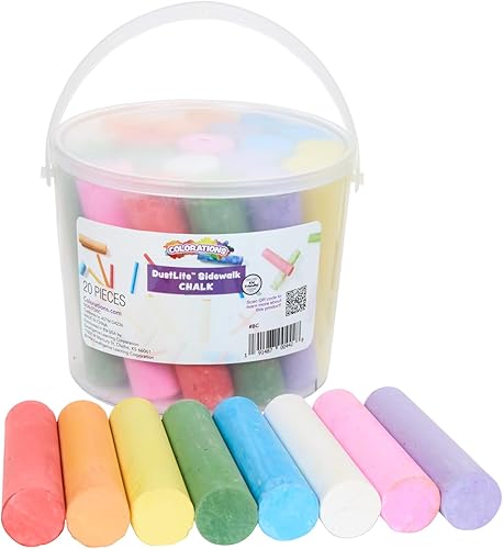 Colorations Tiza lavable para acera en cubo de almacenamiento, 20 piezas, 8 colores surtidos, tiza para entrada de niños, tiza sin polvo para niños,