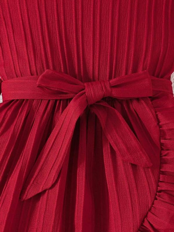 Image of Niren Enterprise Girls' Frill Pleated Design, Ruffle Sleeves, Bow Waist, Elegant Summer & Birthday Party Dress