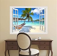 Vista 5 de Pintura autoadhesiva 3D, calcomanías de pared falsas para ventana, isla tropical con palmeras, mural de pared, vista de ventana, decoración de pared
