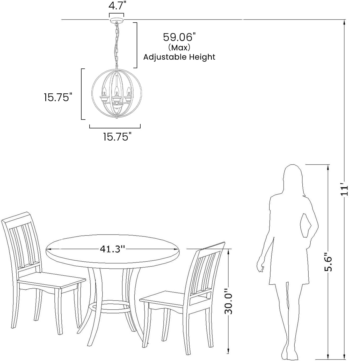 3-Light Farmhouse Globe Chandelier, Black and Gold Rotating Frame Adjustable Height Orb Pendant Light, E12 Base Industrial Hanging Ceiling Light for Dining Room Kitchen Island Bedroom
