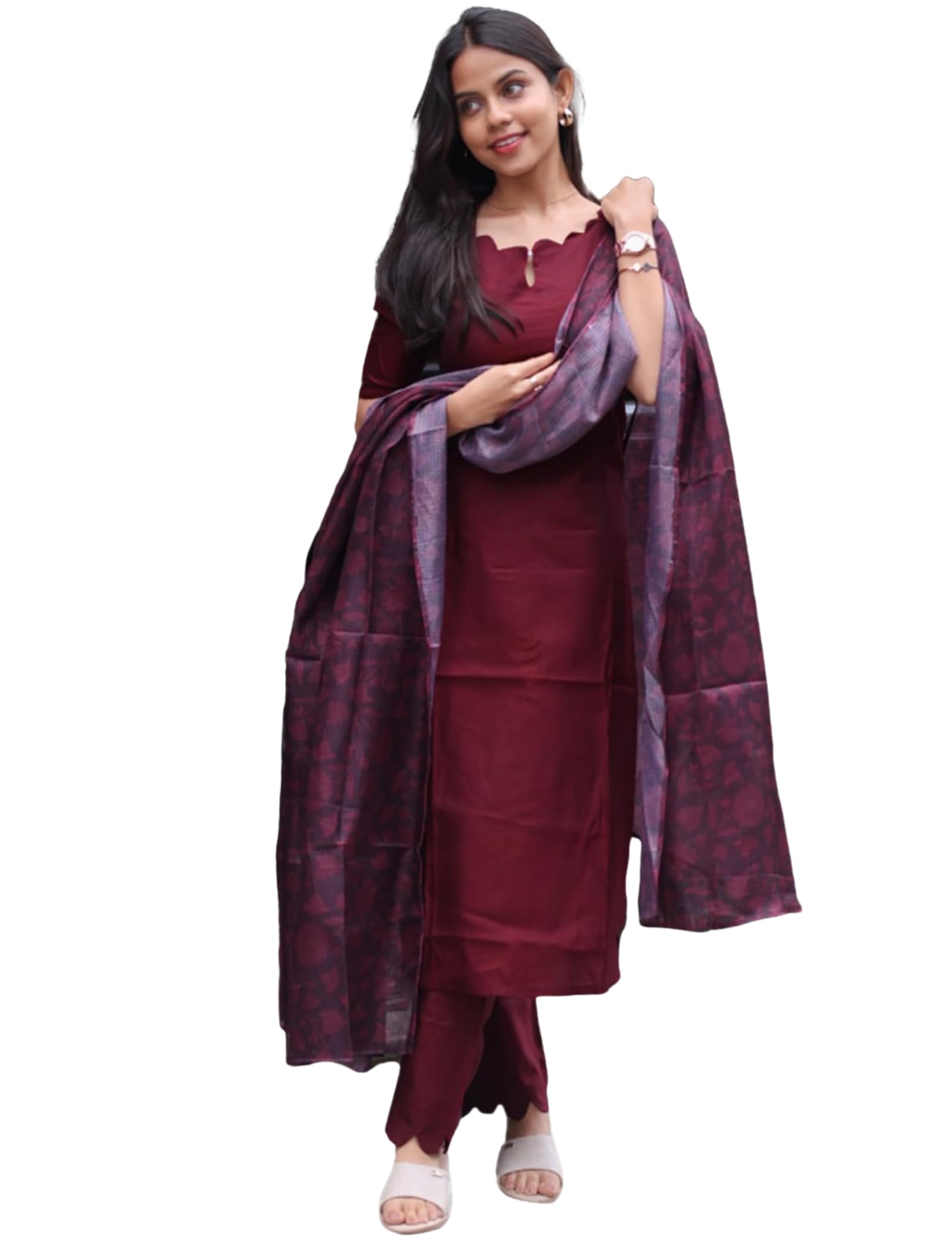 Women's Roman Silk Blend Kurta Salwar Suit Set and Dupatta With Casual Traditional Printed Regular Fit V Neck 3/4 Sleeve Straight Calf Length-image-29
