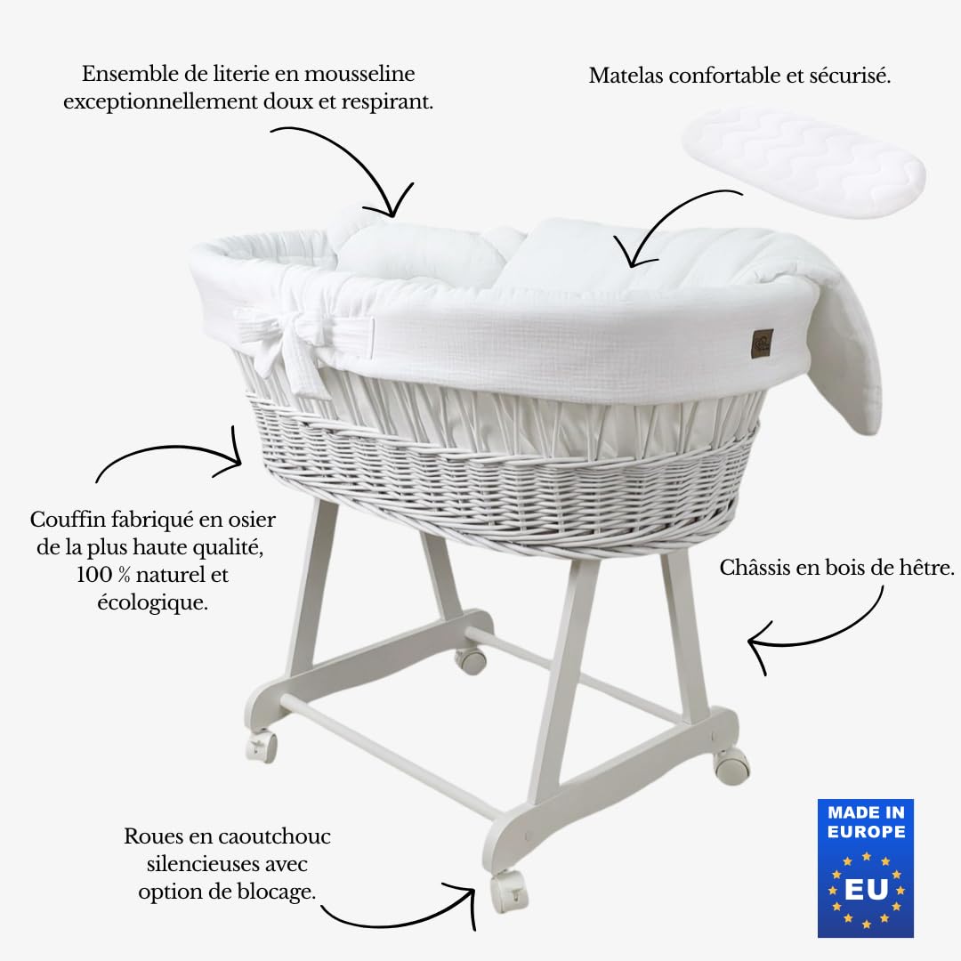 Wiklinopol Couffin Bébé Amelia en Osier avec Support et Matelas – Berceau à roulettes en Blanc – Ensemble 4 Pièces de Linge en Mousseline Blanc – Portable et Idéal pour Nouveau-Né
