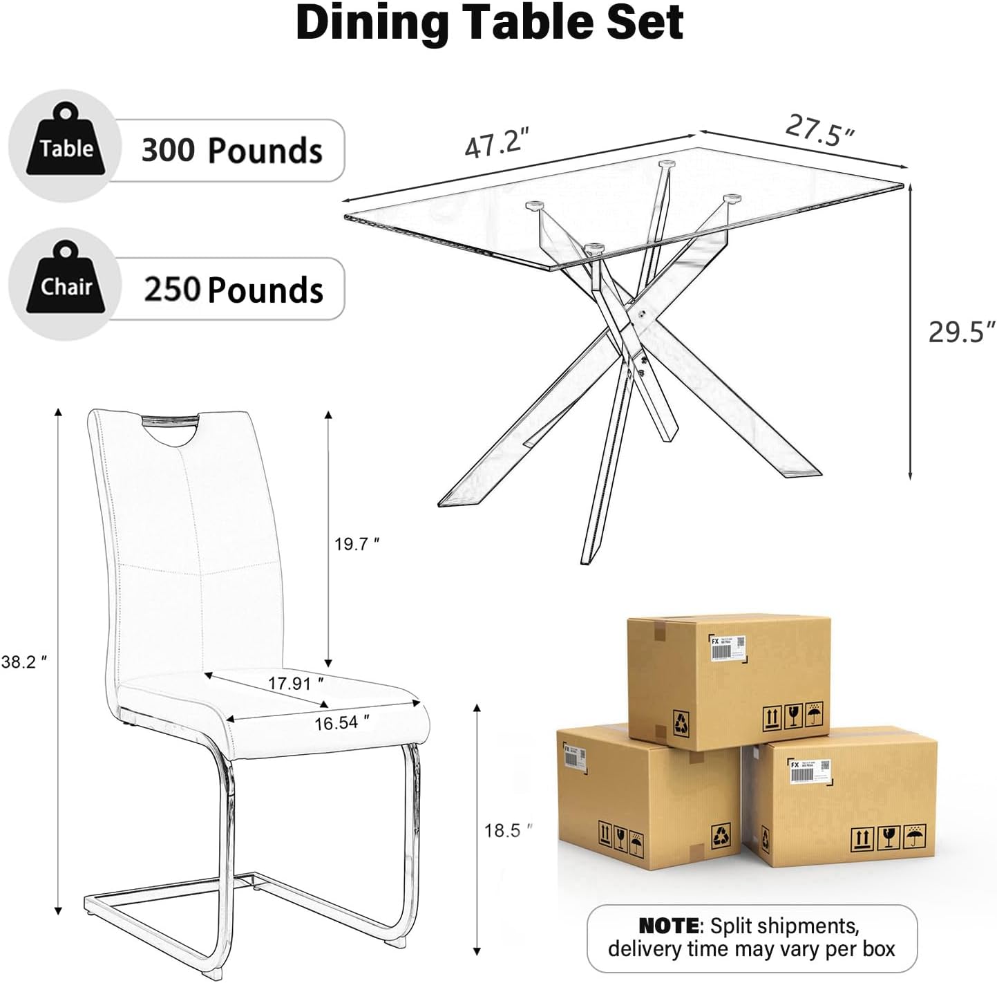 5-Piece Dining Table Set for 4, Modern Rectangular Glass Table with 4 Upholstered Leather Chairs, Space-Saving Dining Room Furniture Table & Chair Sets for Small Spaces & Apartment(Black&Gold)