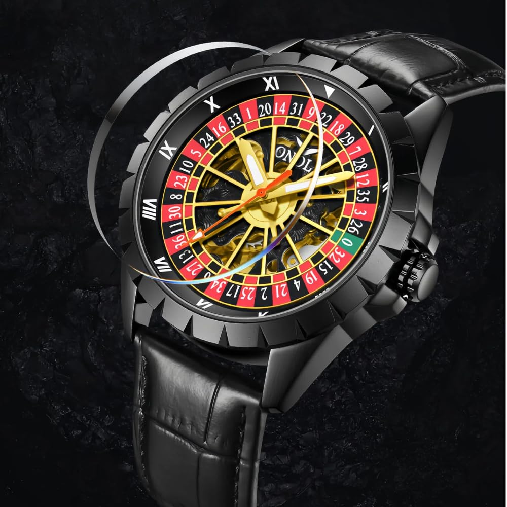 Orologio meccanico automatico da uomo con quadrante rotante oscillante e cinturino in vera pelle impermeabile di lusso