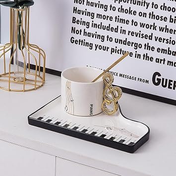 Creative Piano Coffee Mug Ceramic Tea Mug With Saucer and Spoon Coffee Mugs for Office and Home 6.5 oz/200 ml for Tea Latte Milk Holiday Gift (black)