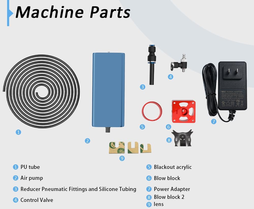 Air Assist Pump Kit for Laser Engraver, 30L/Min Adjustable Quiet Airflow, Removes Smoke and Dust, Reduces Burn Marks, Protects Lens, Compatible with S9/S10/A5 PRO/A10 PRO/TTS-55 PRO