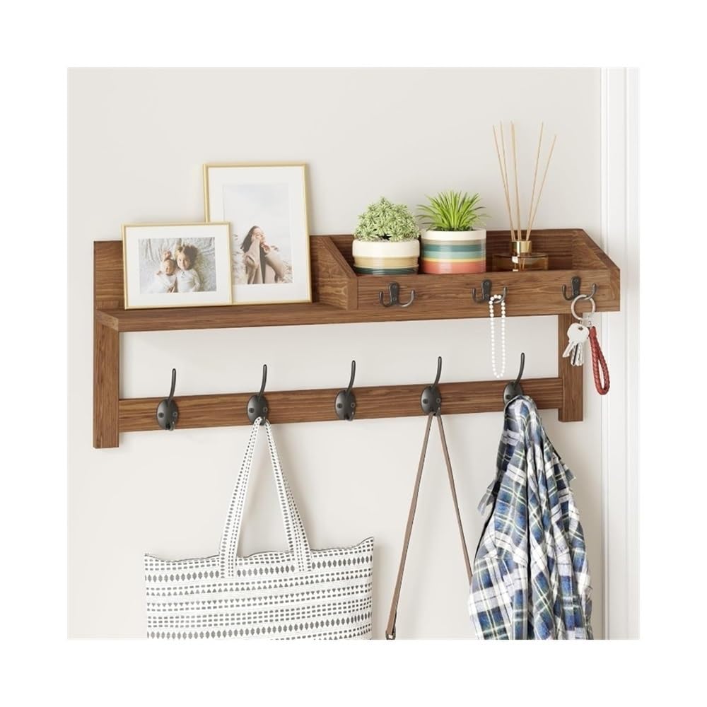 YQINQIN83B Coat Hangers Wall Coat Rack with Shelf Entryway Hanging Wood Hooks for Hats, Jackets, Bags for Bedroom(Bruin)