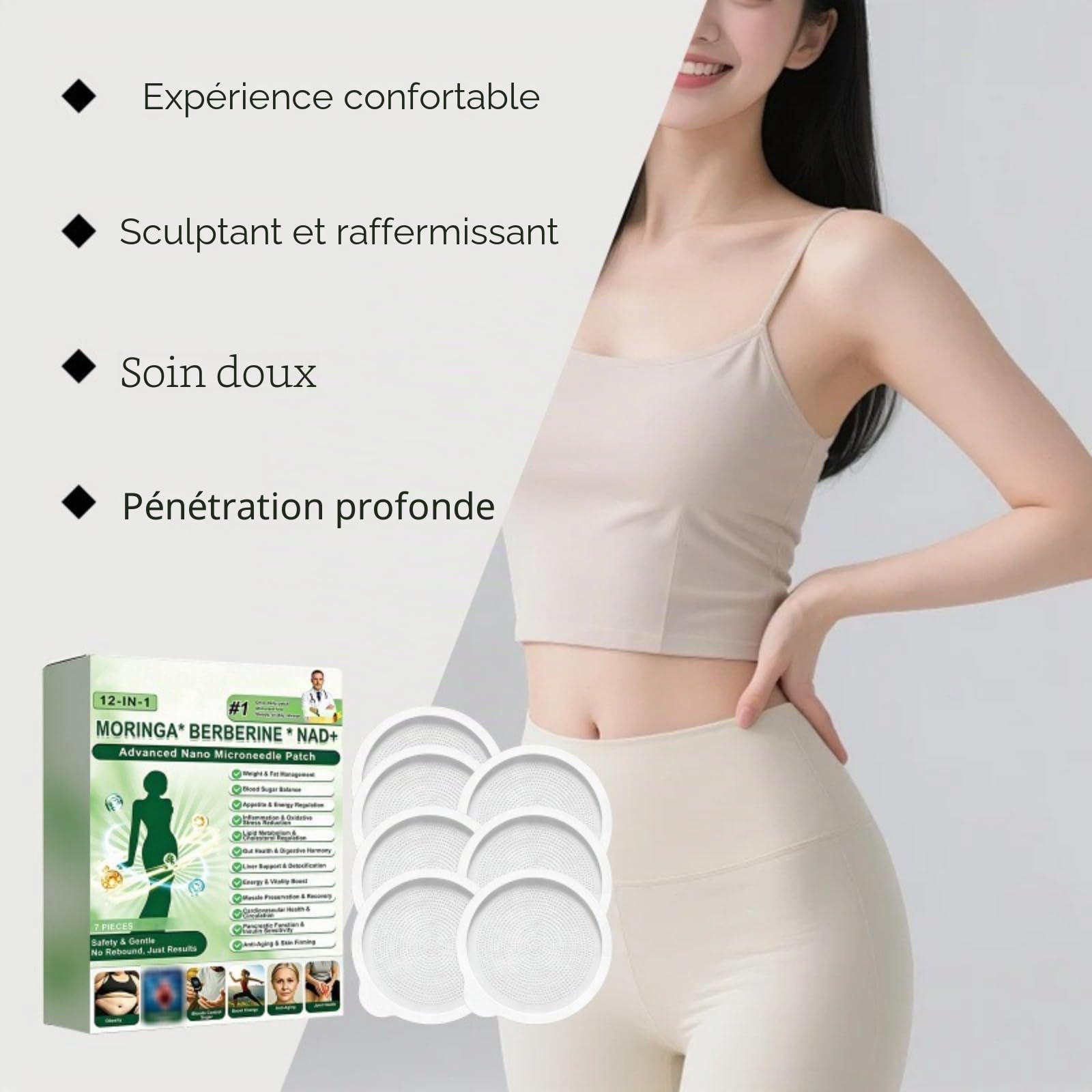 Moringa x Berberine Patch 12 en 1, Patch Nano Microneedle Minceur, Ingrédients Naturels, Facile à Appliquer, Invisible Sous les Vêtements, Idéal pour Homme et Femme