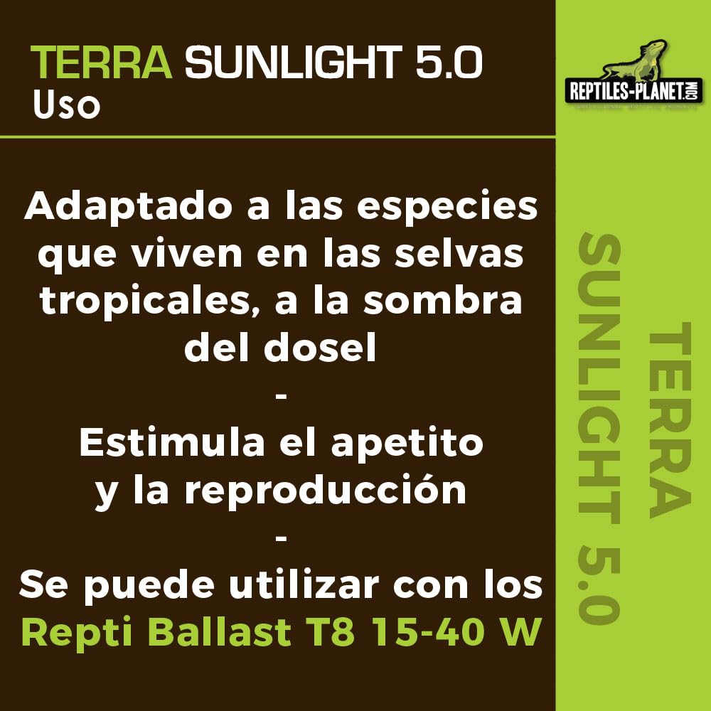 Reptiles-Planet Tubo Fluorescente de Luz Solar T8 5.0 Terra, 15W, 45cm Longitud