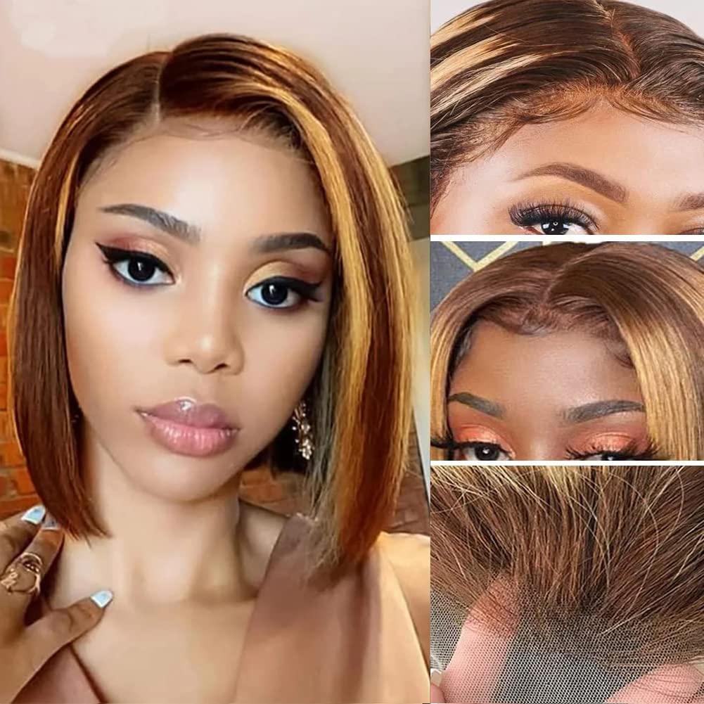 Ombre Bob Wig Human Hair 13X4 Lace Front Highlight Honey