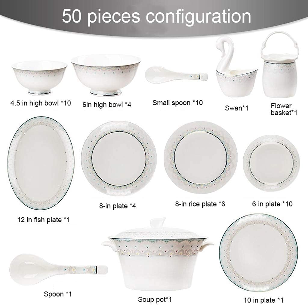 陶器食器セット 50点セット、ボウル/皿/スープポット/スプーン|ボーンチャイナディナーセット、ピーコックブルー柄磁器コンビネーショ