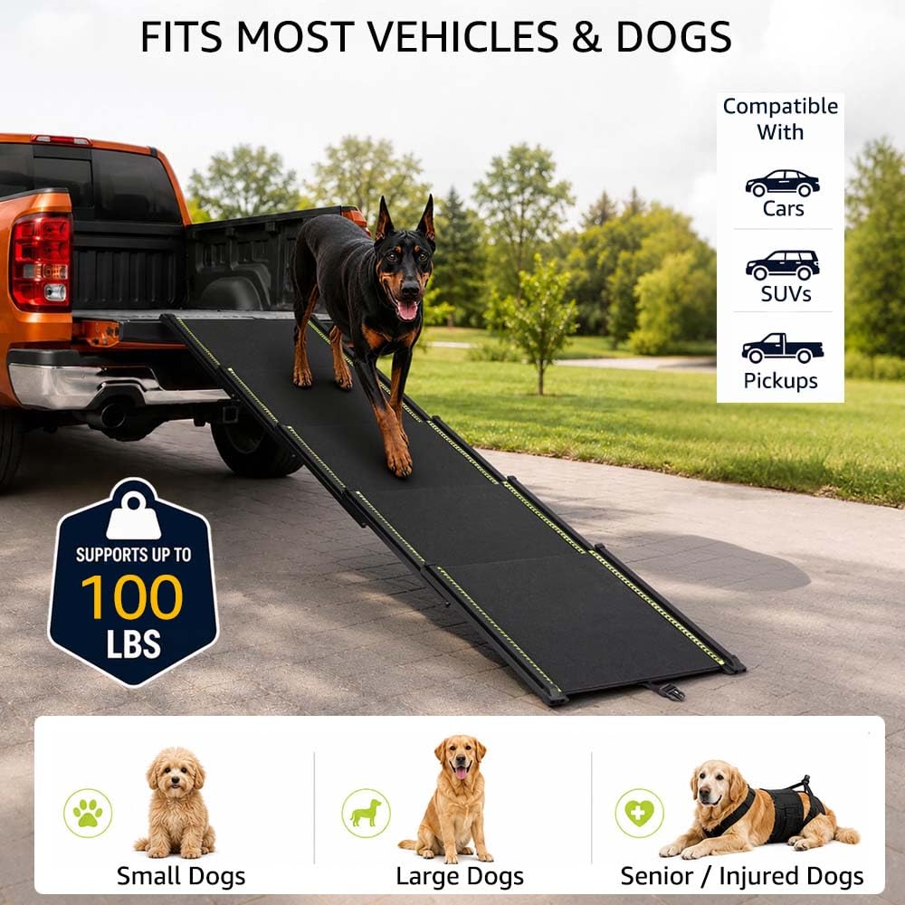 unipaws Rampa telescopica extra lunga per cani, 220 cm, per auto, SUV e camion, larga 51 cm, portatile, con superficie antiscivolo, strisce riflettenti e pendenza delicata, per cani fino a 68 kg