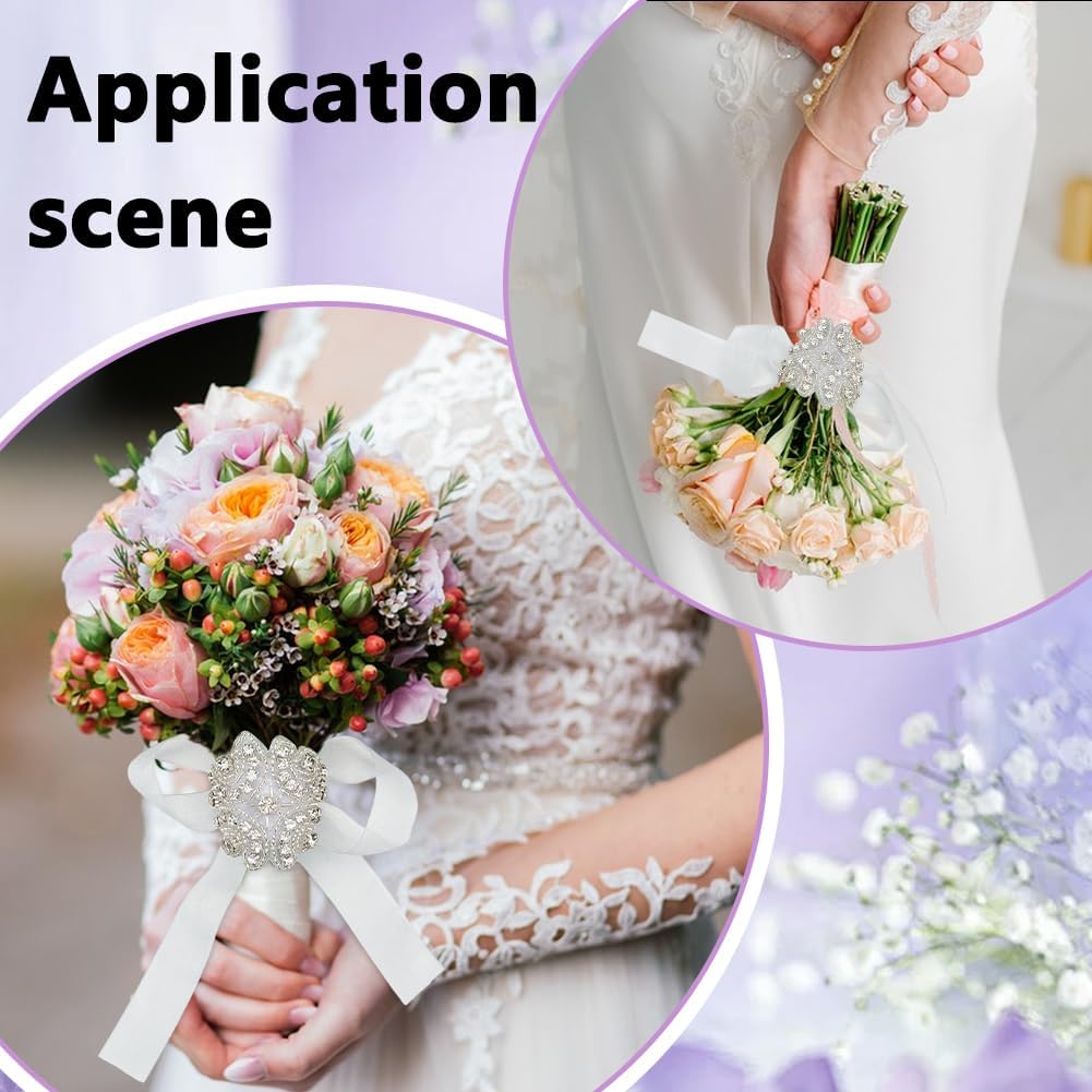 FINGERINSPIRE 2 Pack Rhinestones Bouquet Wrap with Adjustable Ribbon 26.3x0.8Inch Crystal Bouquet Holder for Wedding Flowers Rhinestones Bouquets Accessory with Alloy Claw Set for Bridal Bouquets