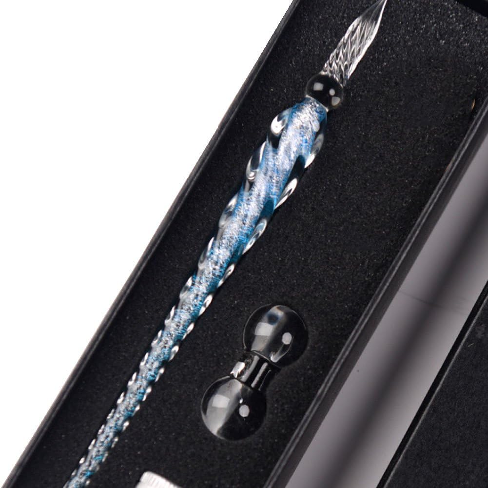 Crystal Glass Dip Ink Pen,Non-Carbon Ink Signature Pen Creative Writing Tools Ink Gift Pen Vintage Handmade Dip Pen For Writing Art Decoration(Blue)