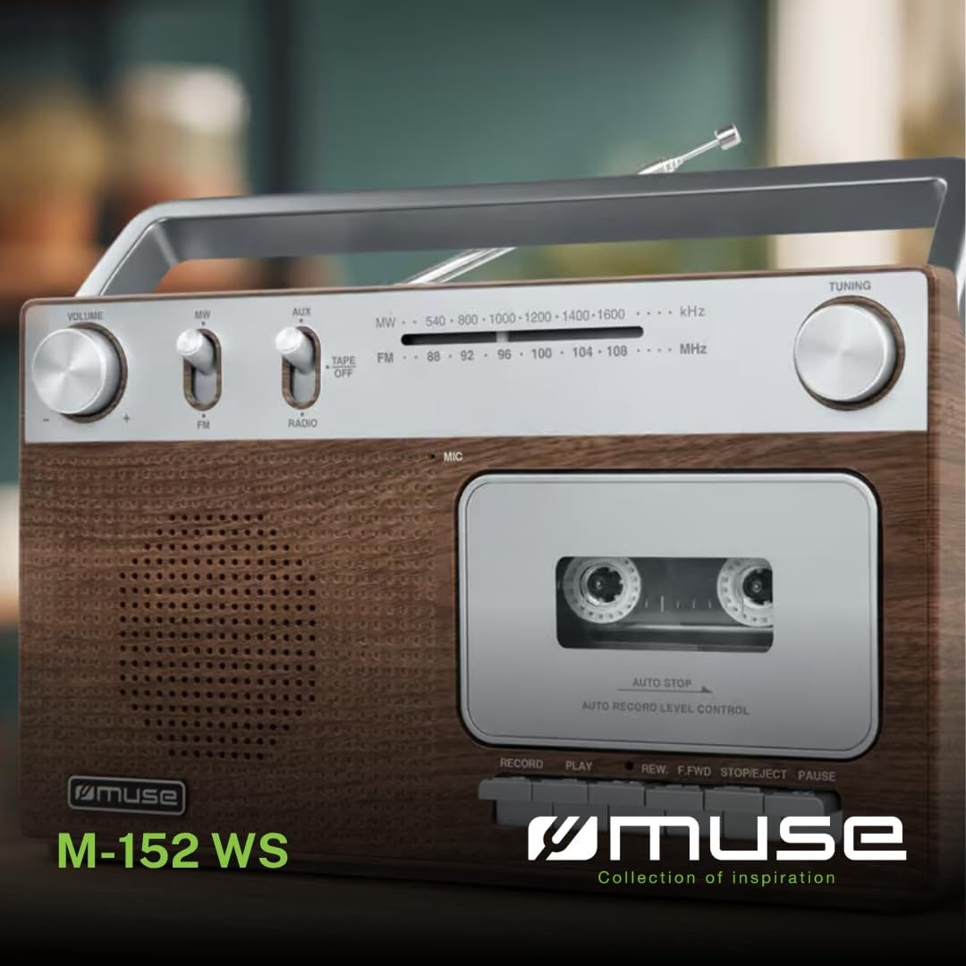 Muse M-152 RC Radio Portable avec Lecteur de Cassettes, Radio analogique FM/MW, enregistreur Cassette, Microphone intégré, entrée auxiliaire 3,5 mm, antenne télescopique, poignée de Transport
