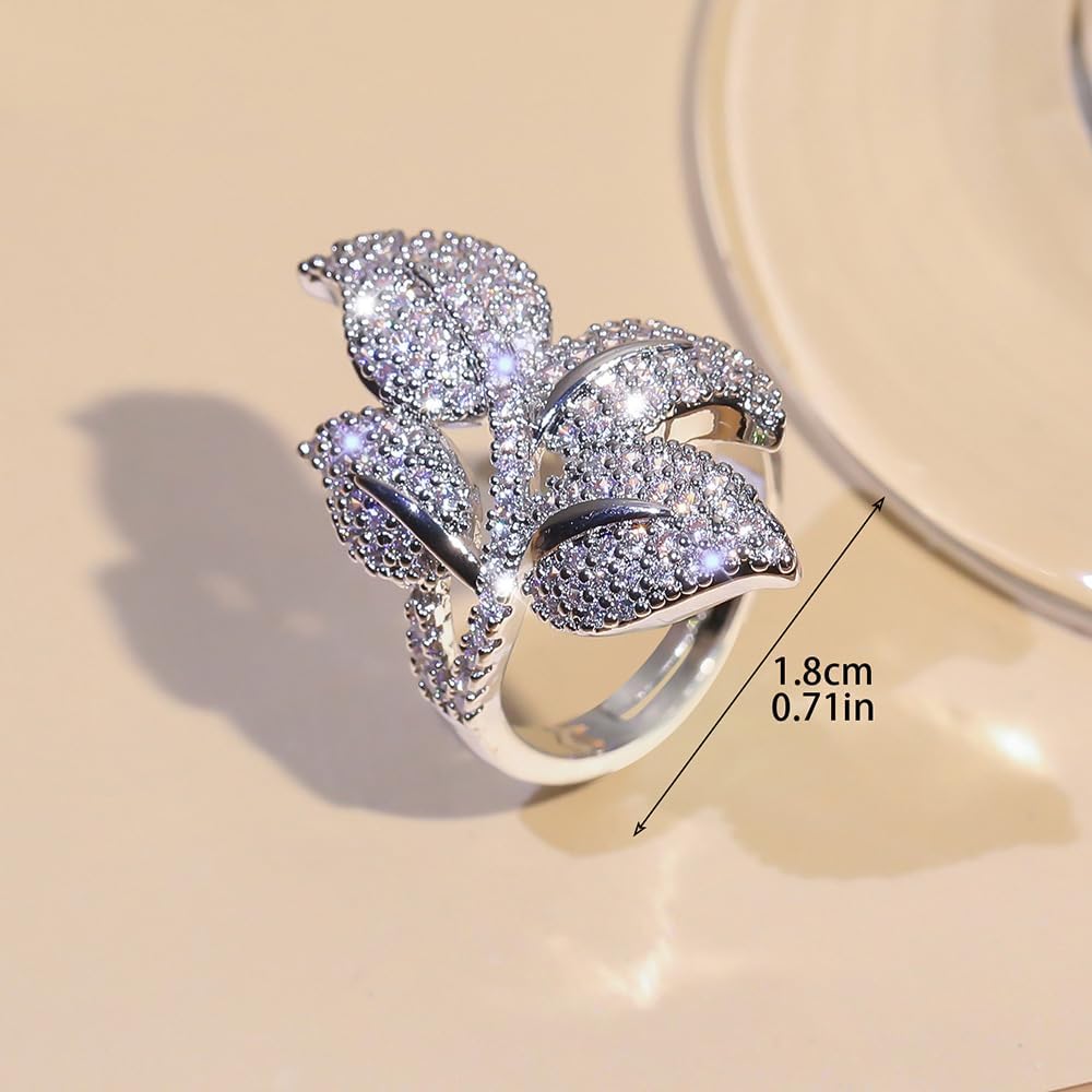 Kokoma Elegant Cubic Zirconia Leaf Statement Ring for Women, Adjustable Crystal Rhinestone Band Wedding Ring Engagement Promise Rings Dainty Jewelry - Image 3
