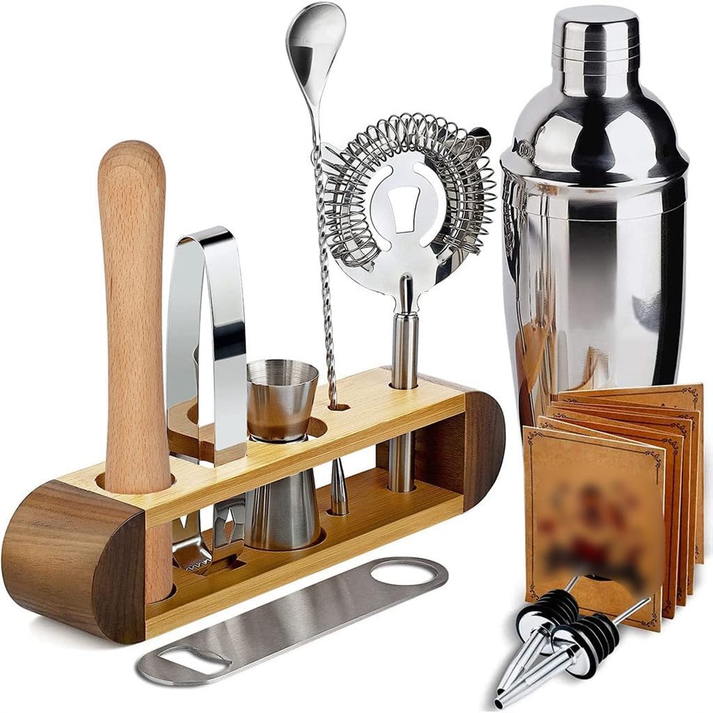 Oval Wooden Frame Contrasting Color Stainless Steel Shaker Complete Set of Cocktail 11 Pieces Bar Tools
