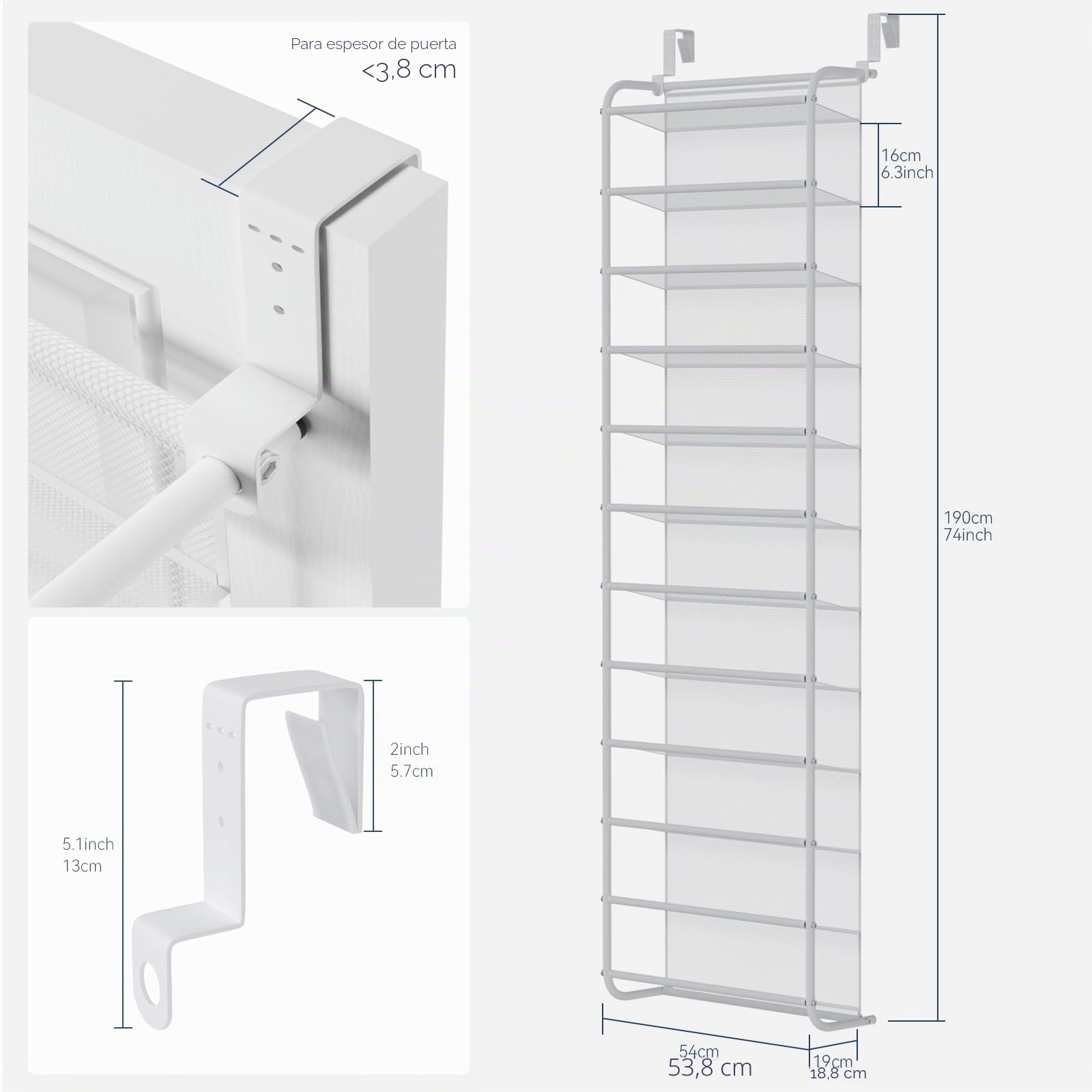 Whitmor Organizador de zapatos sobre la puerta, capacidad para hasta 36 pares de zapatos, metal y malla, color blanco