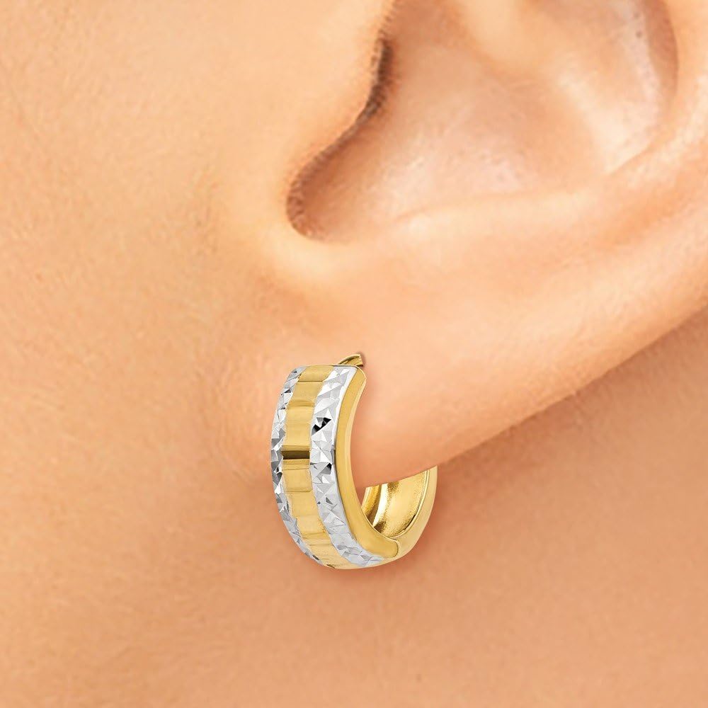 14k Yellow & White Two Tone Gold Hinged Hoop Huggie Earrings (10mm x 5mm)